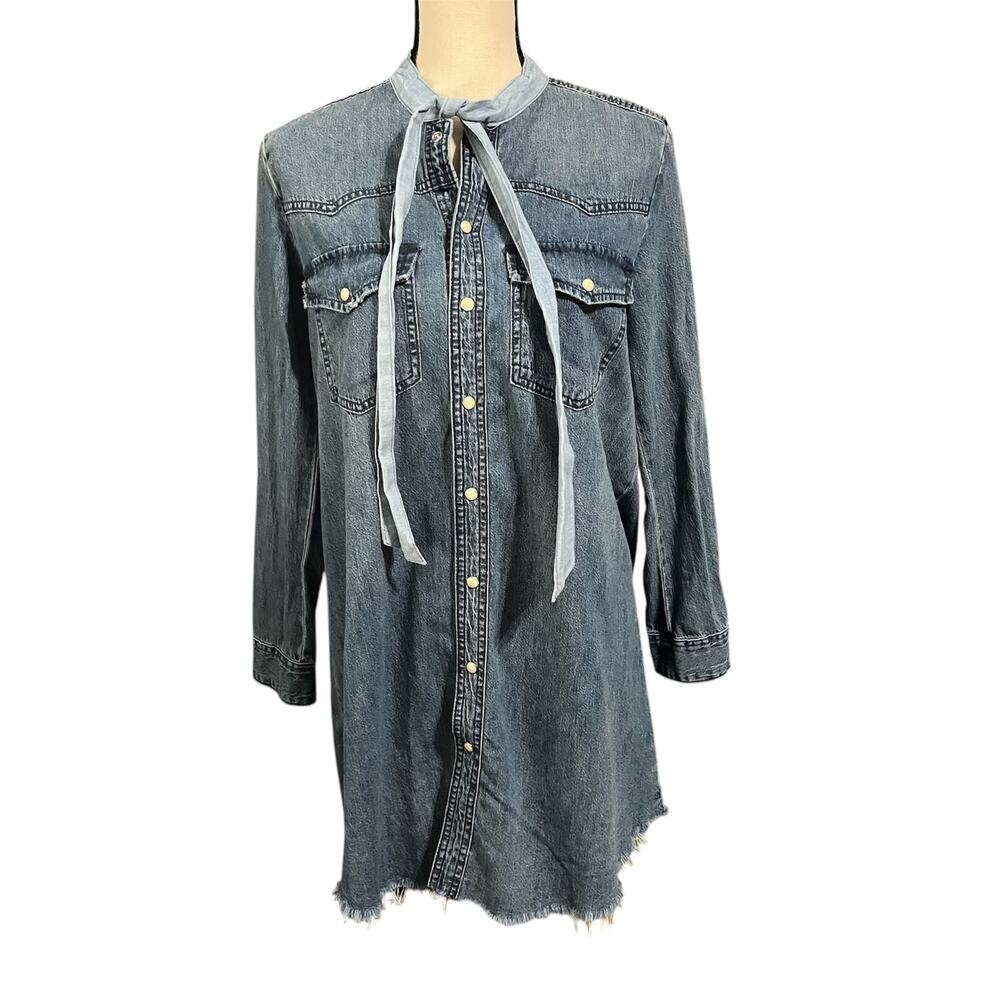 Lucky Brand Women's Medium Wash Denim Raw Hem Pearl Snap Button Shirt Dress Sz S